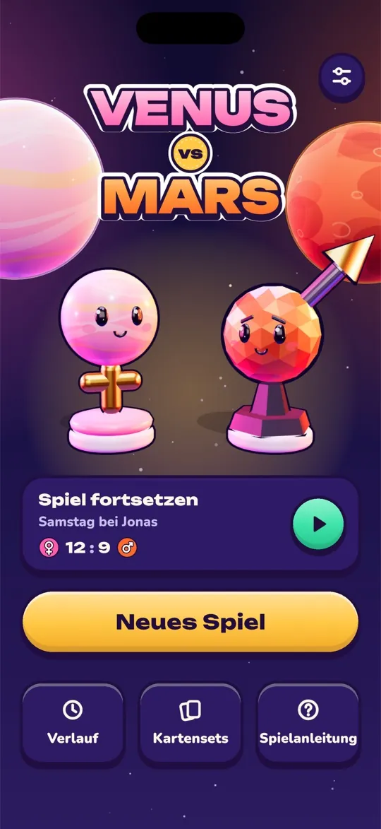 Startbildschirm von Venus vs Mars mit den Figuren Venus und Mars