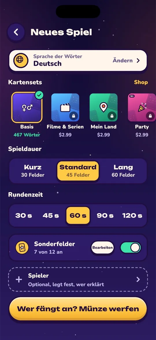 Bildschirm Neues Spiel mit Decks, Spiellänge und Rundenzeit