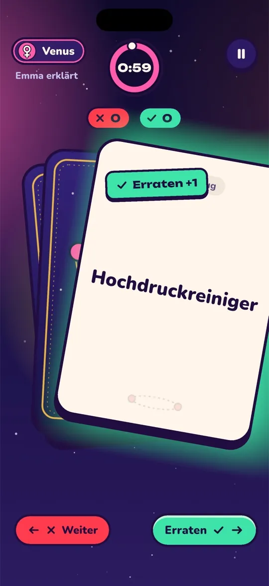 Eine Begriffskarte wird in der Venus-Runde als erraten nach rechts gewischt