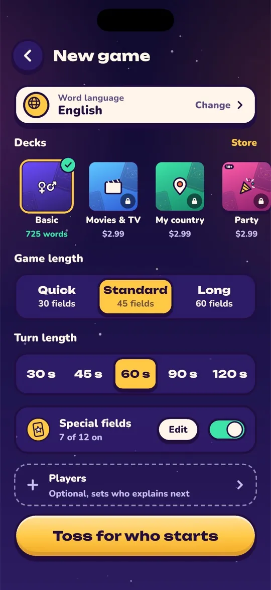 New game screen with decks, game length and turn time