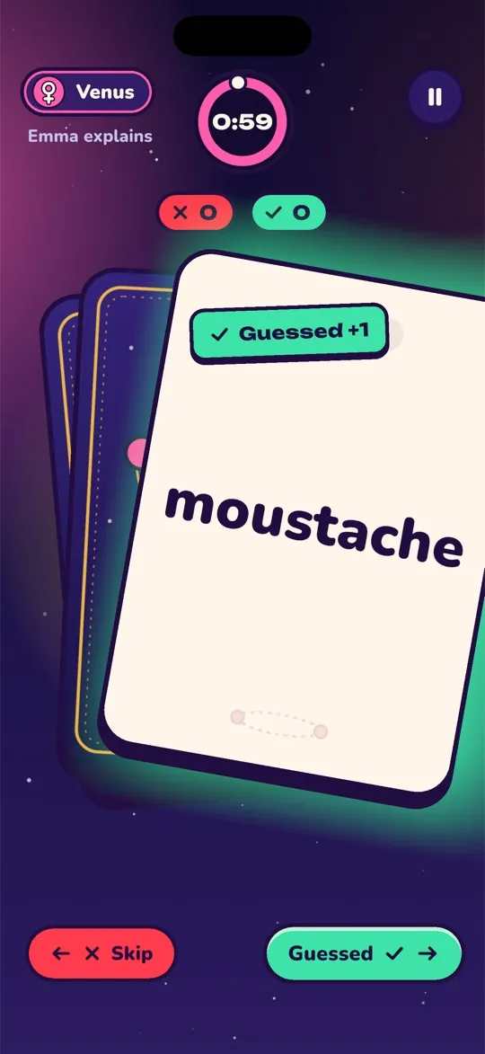 A word card swiped right as guessed during the Venus turn