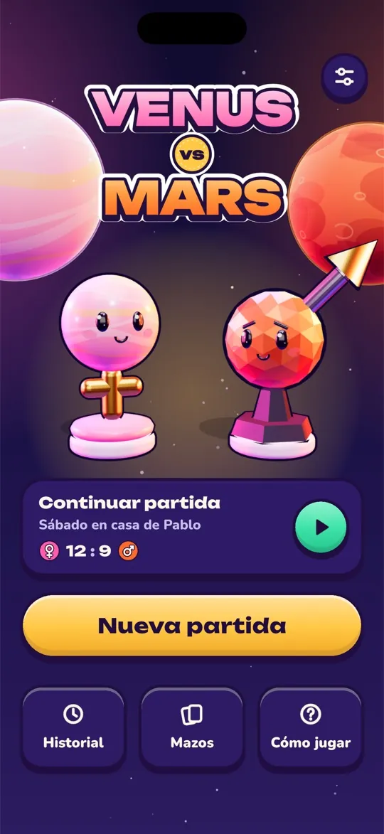 Pantalla de inicio de Venus vs Mars con las fichas de Venus y Mars