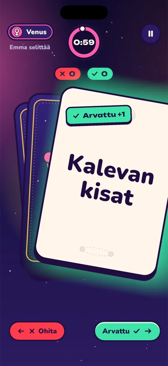 Sanakortti pyyhkäistään oikealle arvattuna Venuksen vuorolla