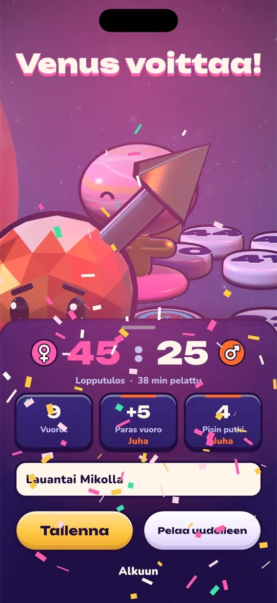 Voittonäyttö: Venus voittaa 45–25