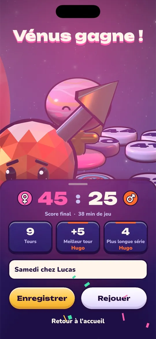 Écran de victoire : Venus gagne 45 à 25