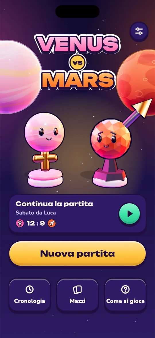 Schermata iniziale di Venus vs Mars con le pedine di Venus e Mars