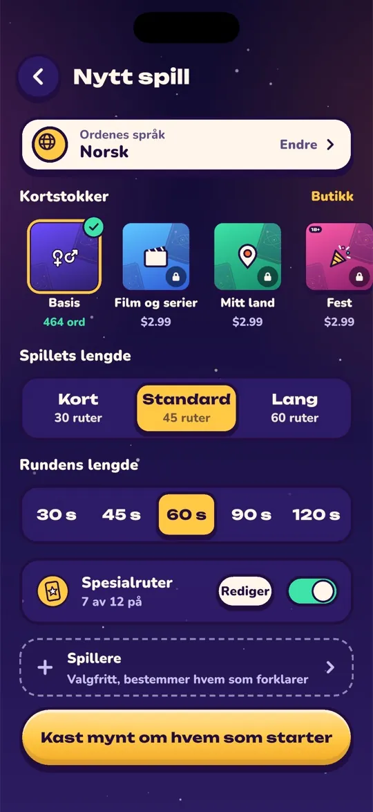 Skjermen Nytt spill med kortstokker, spillets lengde og tid per runde