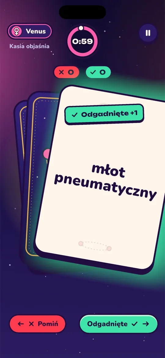 Karta z hasłem przesunięta w prawo jako odgadnięta w turze Venus