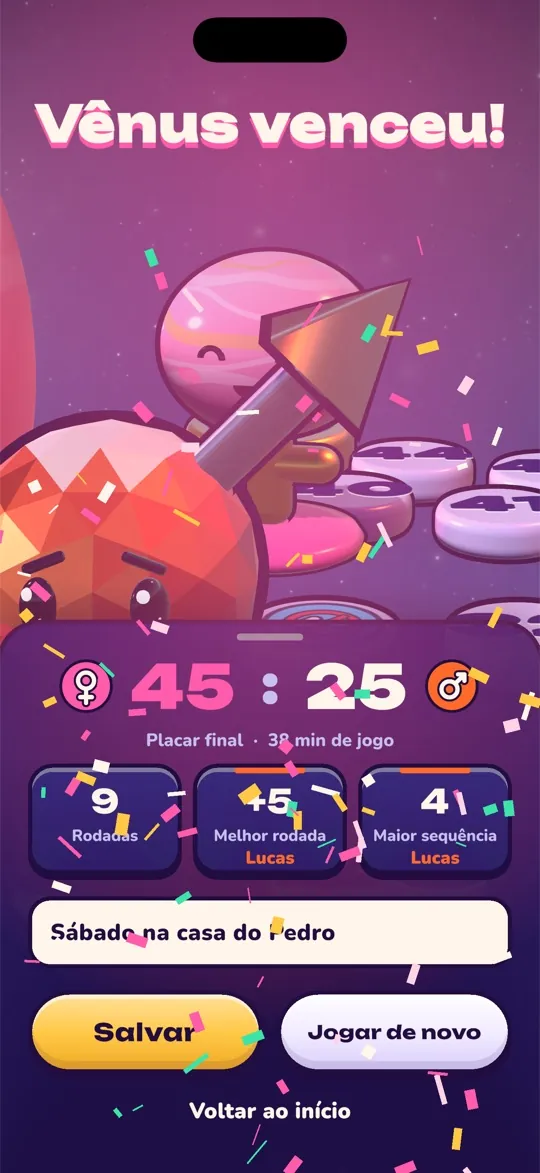 Tela de vitória: Venus vence por 45 a 25